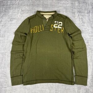 Holister Shirt Mens Large Green Vtg Y2K Henley Long Sleeve Military Spell Out